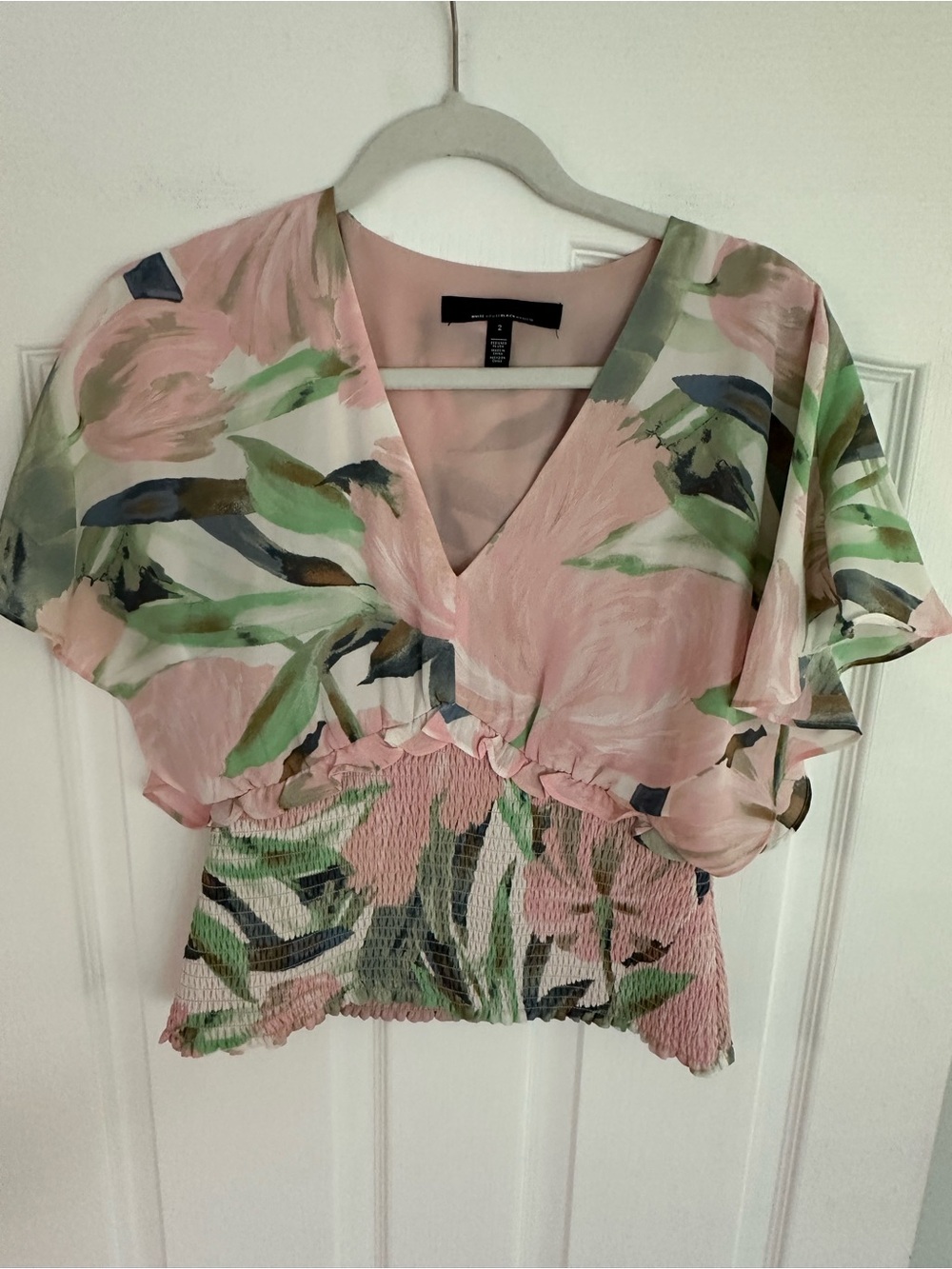 White House Black Market Pink Floral V-Neck Smocked Crop Top